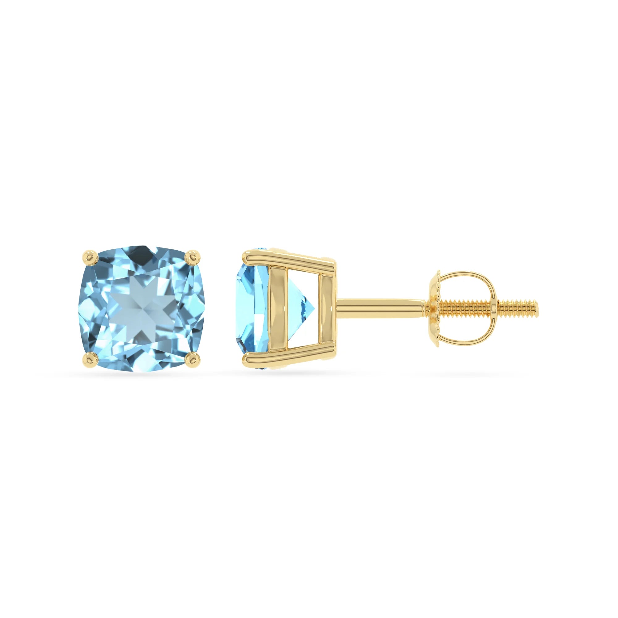 lab grown aquamarine cushion stud earrings in yellow gold 