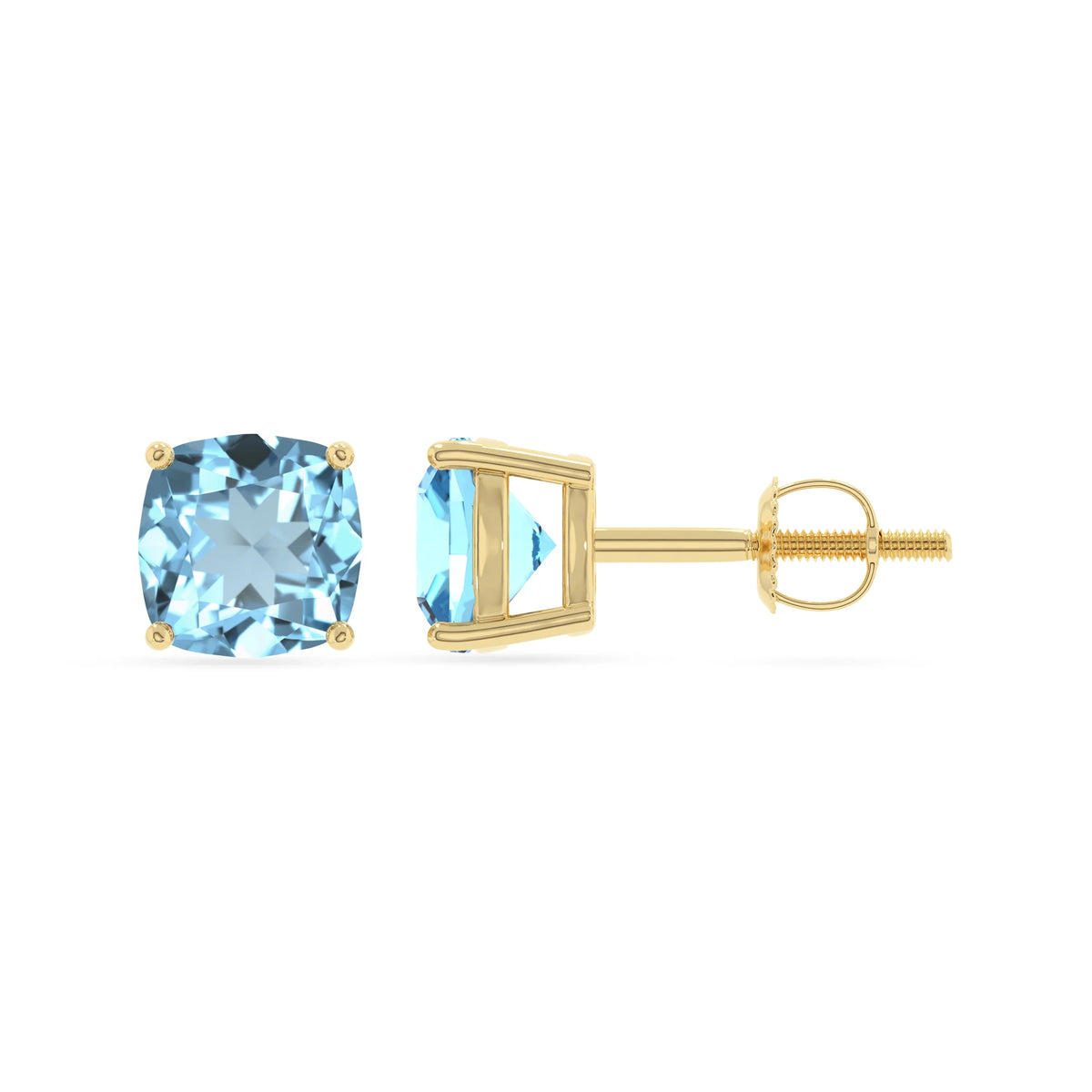 lab grown aquamarine cushion stud earrings in yellow gold 