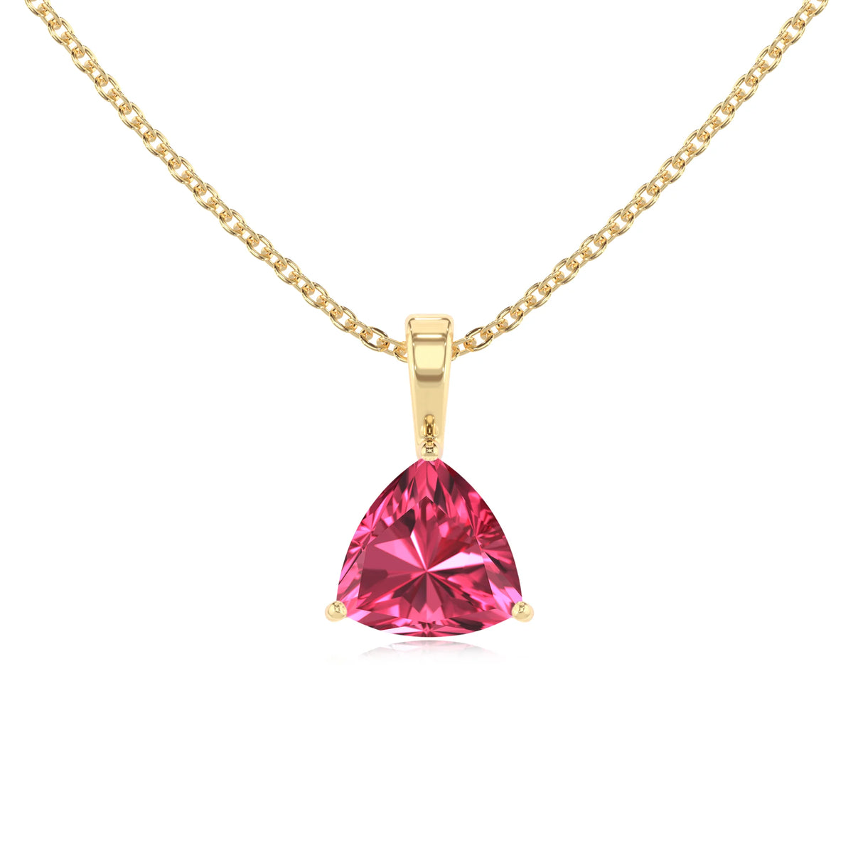 lab grown pink-tourmaline trillion solitaire necklaces in yellow gold 