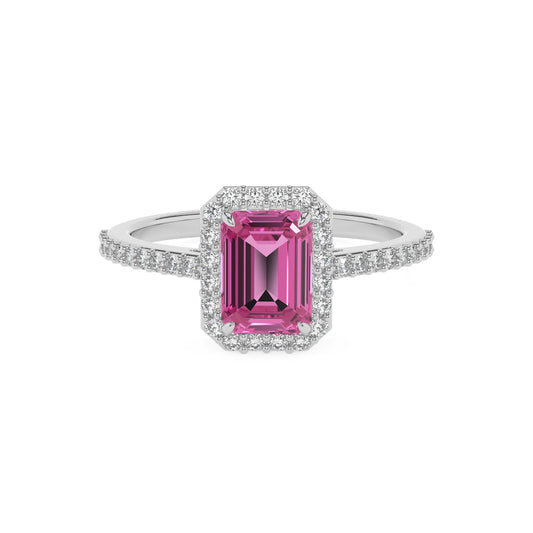 lab grown pink-sapphire emerald cut solitaire rings in platinum 