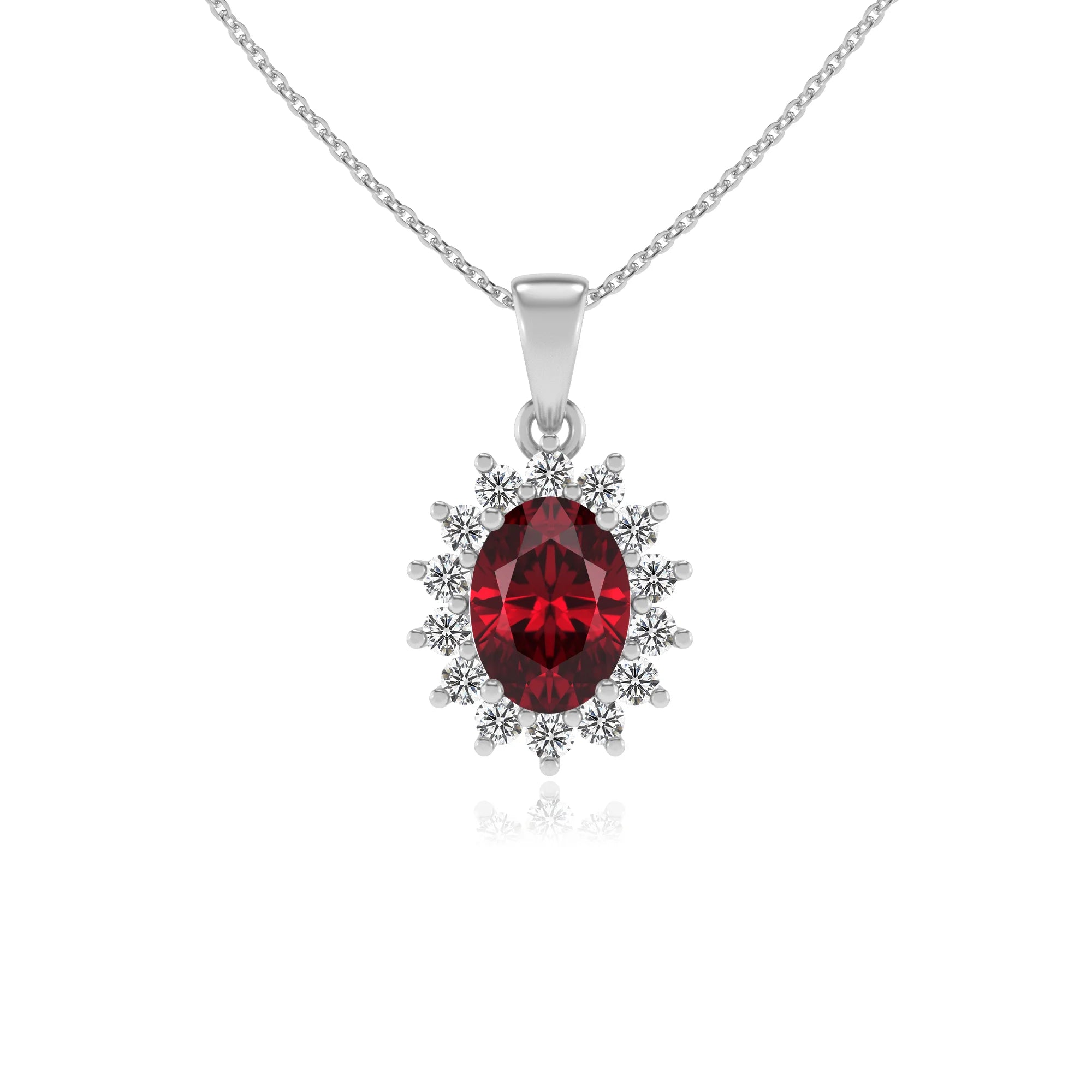 lab grown ruby oval halo necklaces in white gold 