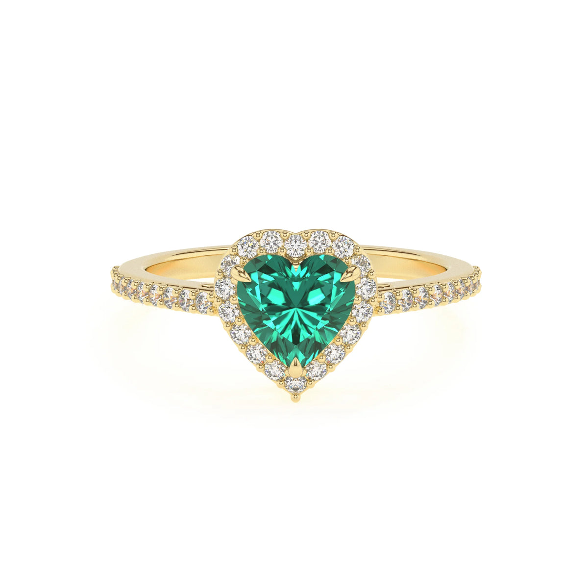 lab grown emerald heart solitaire rings in yellow gold 