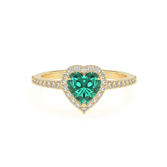 lab grown emerald heart solitaire rings in yellow gold 