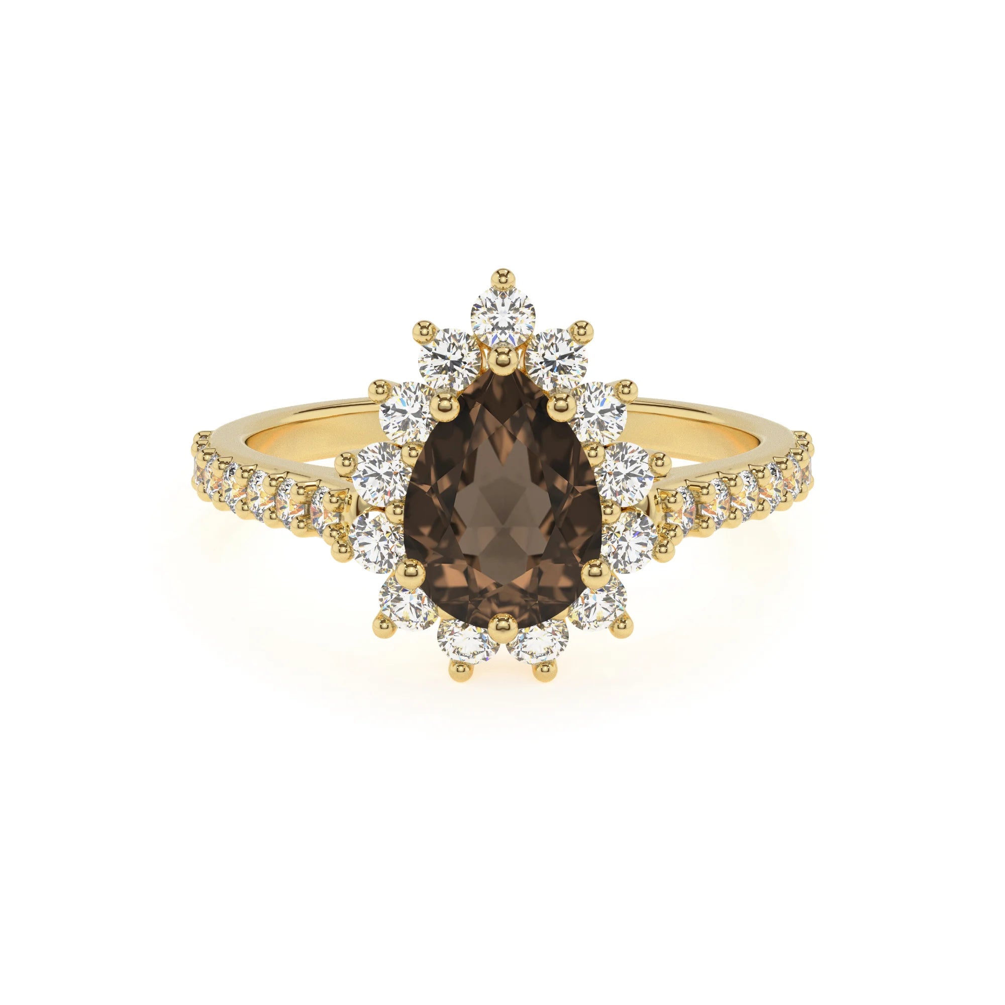 natural smoky-quartz pear solitaire rings in yellow gold 