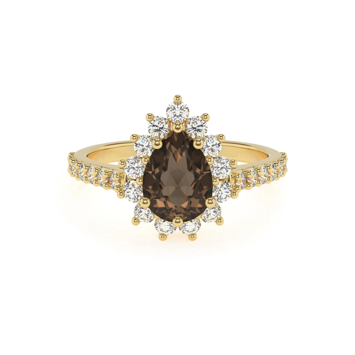 natural smoky-quartz pear solitaire rings in yellow gold 