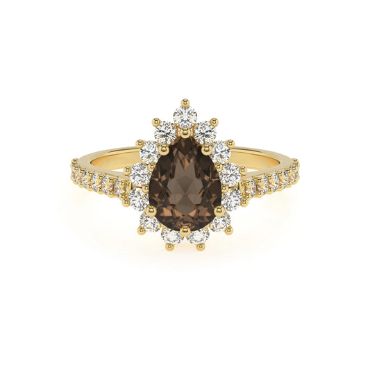 natural smoky-quartz pear solitaire rings in yellow gold 