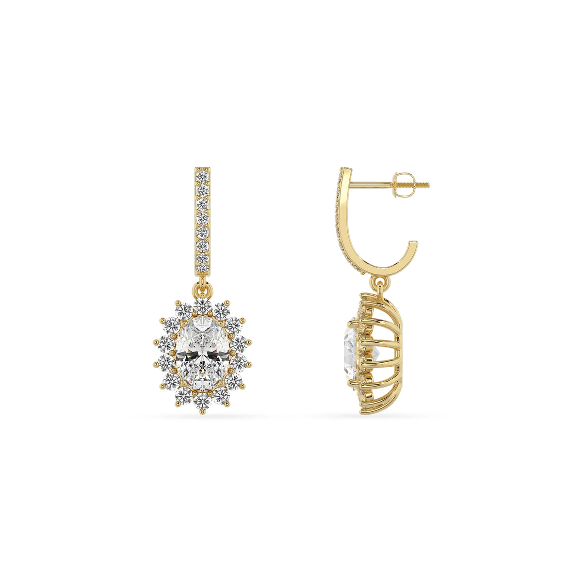 lab grown moissanite oval drop earrings in yellow gold 