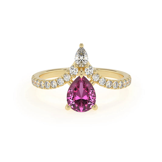 lab grown pink-sapphire pear solitaire rings in yellow gold 