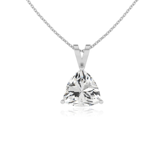 lab grown moissanite trillion solitaire v-bale necklaces in white gold 