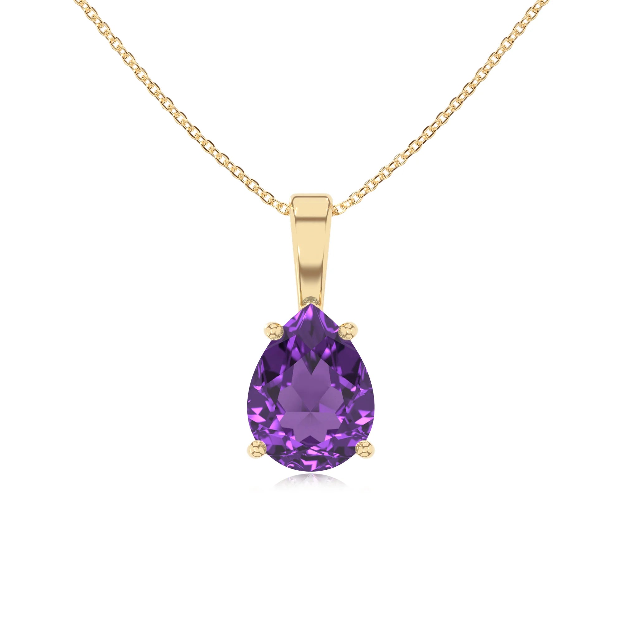 lab grown amethyst pear solitaire necklaces in yellow gold 
