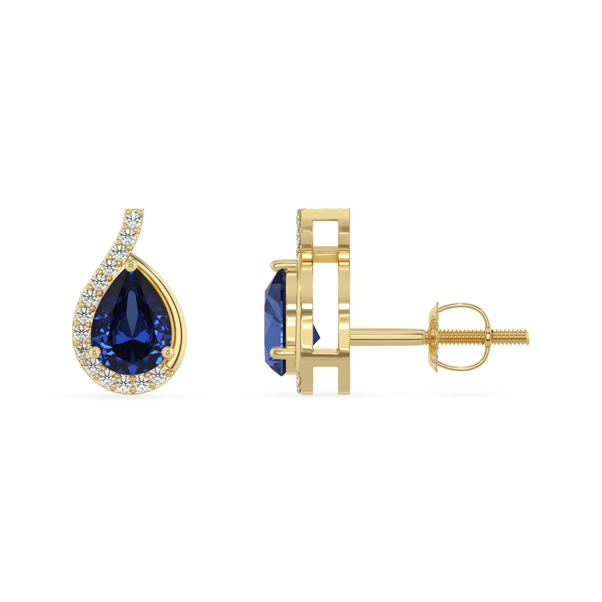 lab grown blue sapphire pear stud earrings in yellow gold 