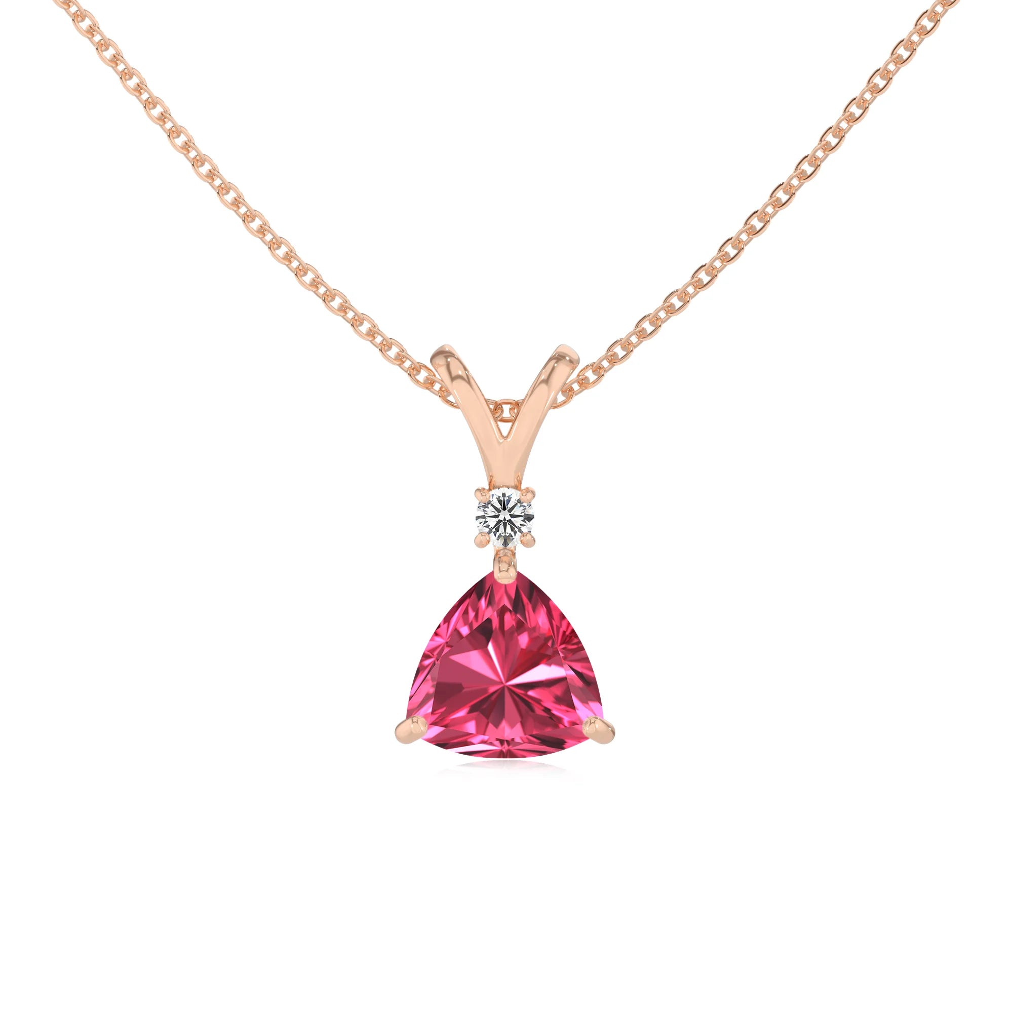 lab grown pink-tourmaline trillion solitaire v-bale necklaces in rose gold 