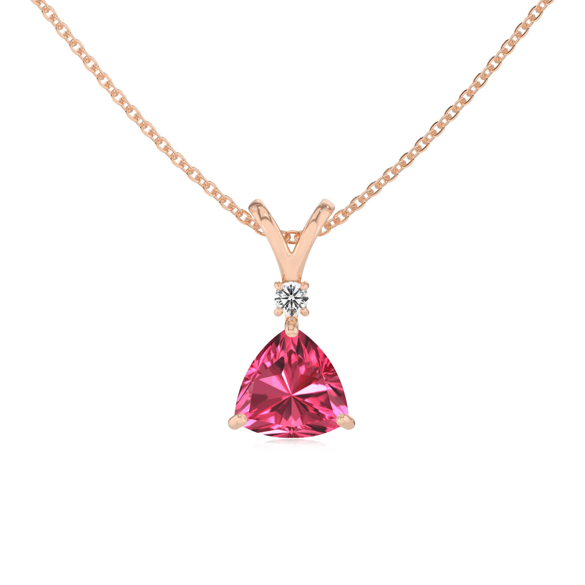 lab grown pink-tourmaline trillion solitaire v-bale necklaces in rose gold 