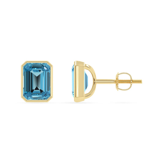 Natural Swiss Blue Topaz Emerald-Cut Solitaire Stud Earrings