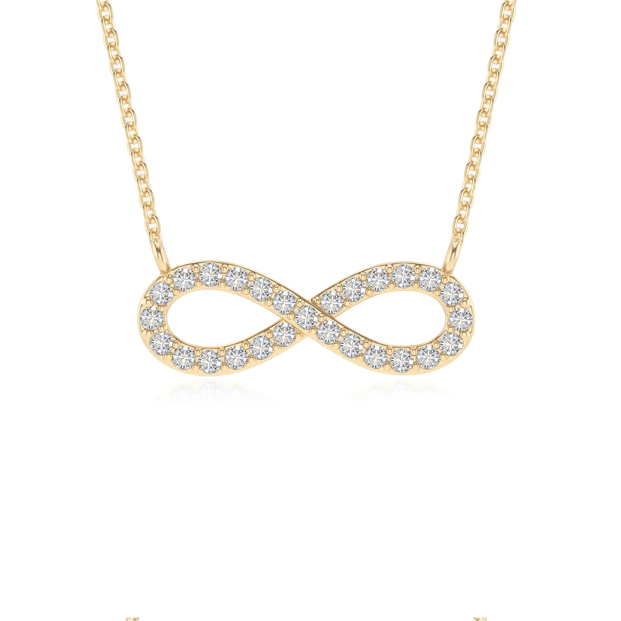 lab grown moissanite round infinity v-bale necklaces in yellow gold 
