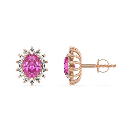 lab grown pink sapphire oval stud earrings in rose gold 
