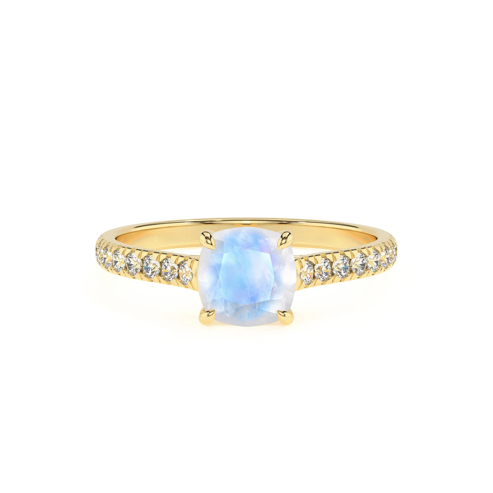 natural rainbow-moonstone cushion half eternity solitaire engagement rings in yellow gold 