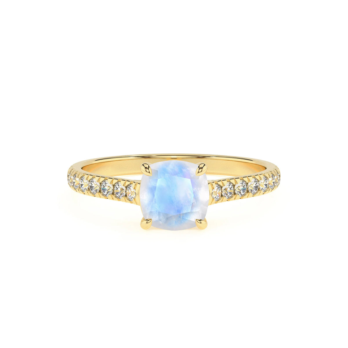 natural rainbow-moonstone cushion half eternity solitaire engagement rings in yellow gold 