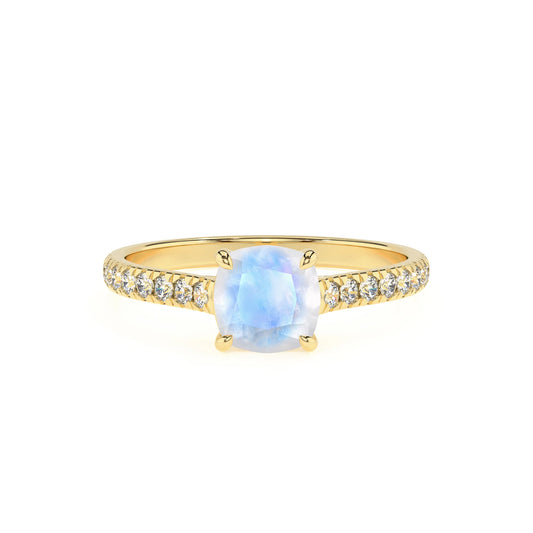 natural rainbow-moonstone cushion half eternity solitaire engagement rings in yellow gold 