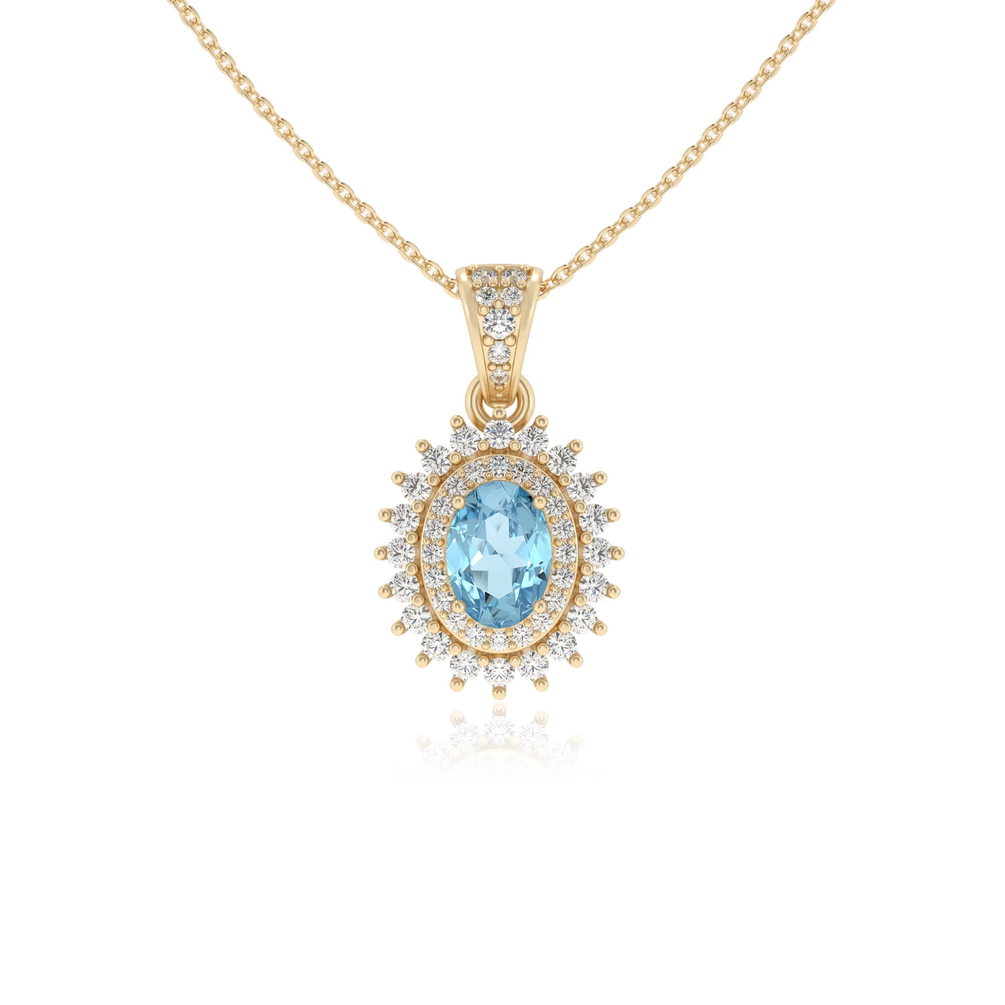 lab grown aquamarine oval halo necklaces in yellow gold 