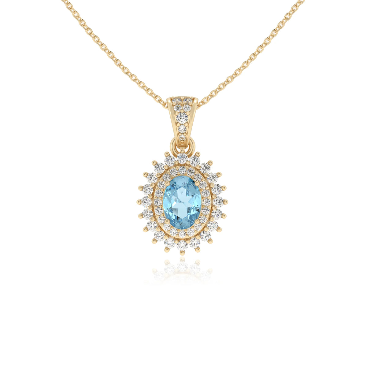 lab grown aquamarine oval halo necklaces in yellow gold 