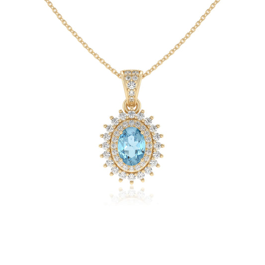 lab grown aquamarine oval halo necklaces in yellow gold 