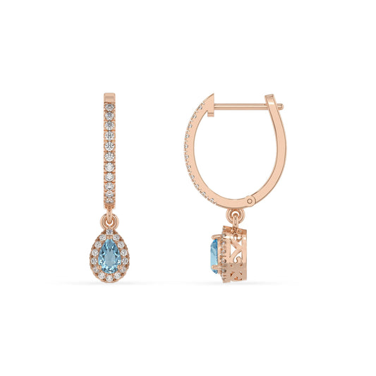 lab grown aquamarine pear drop earrings in rose gold 
