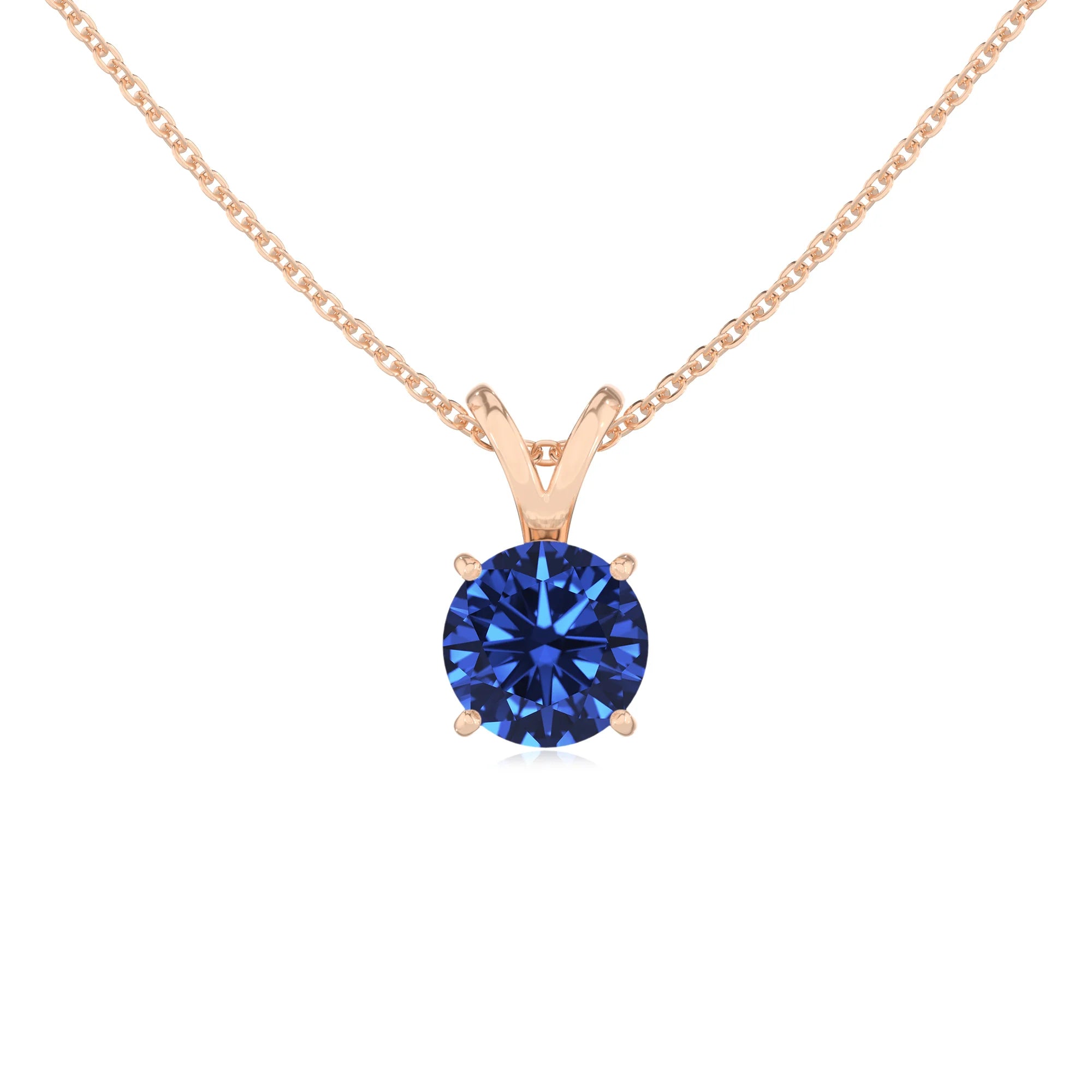 lab grown blue-sapphire round solitaire v-bale necklaces in rose gold 