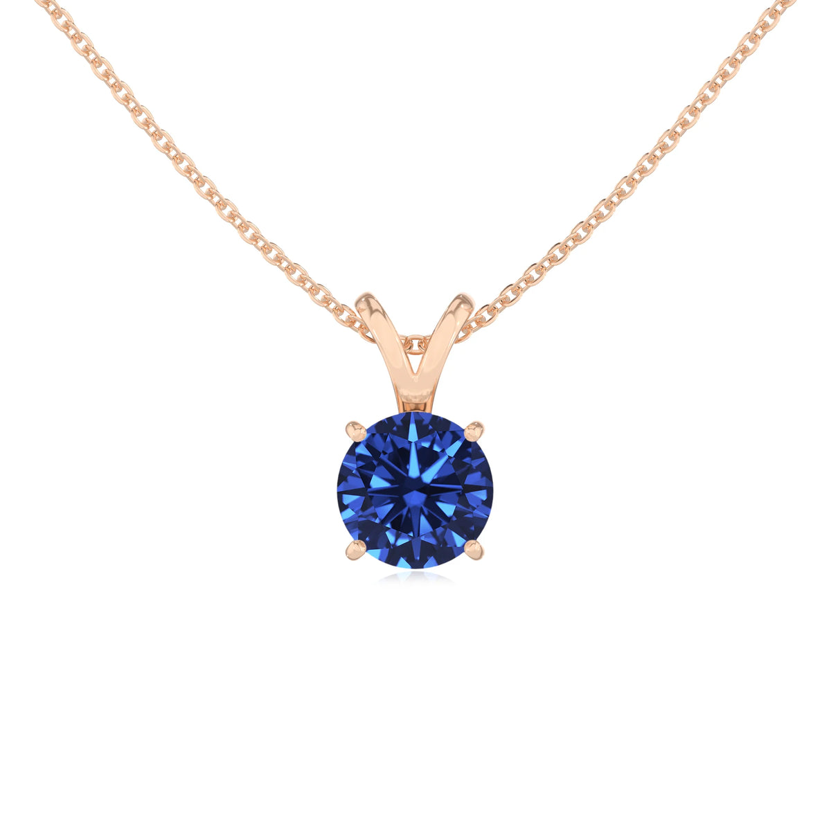 lab grown blue-sapphire round solitaire v-bale necklaces in rose gold 