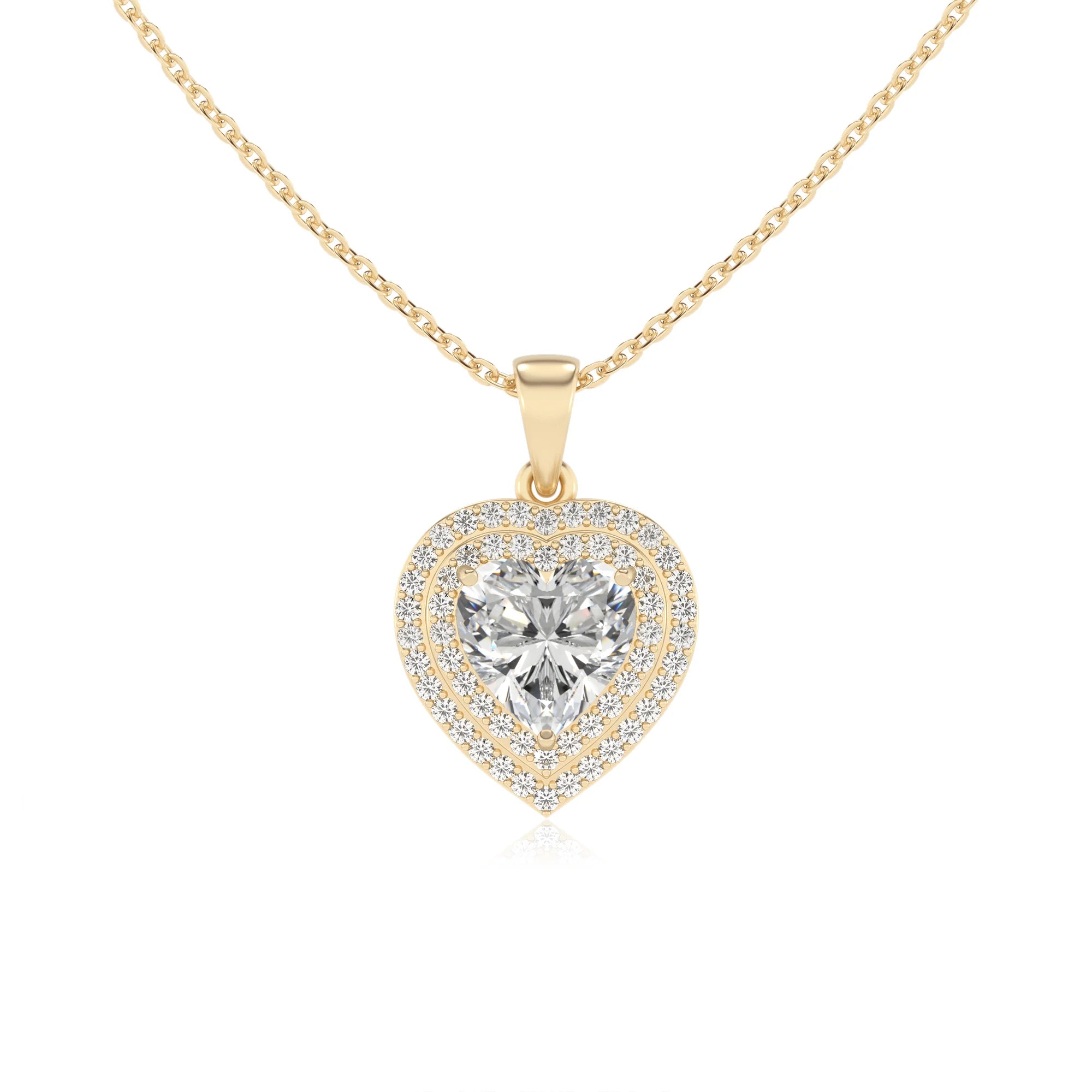 lab grown moissanite heart halo necklaces in yellow gold 