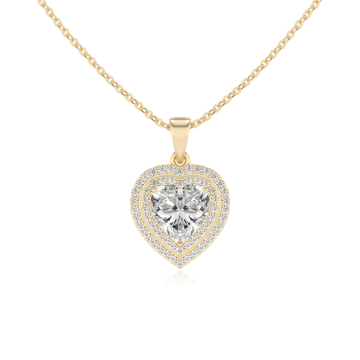 lab grown moissanite heart halo necklaces in yellow gold 