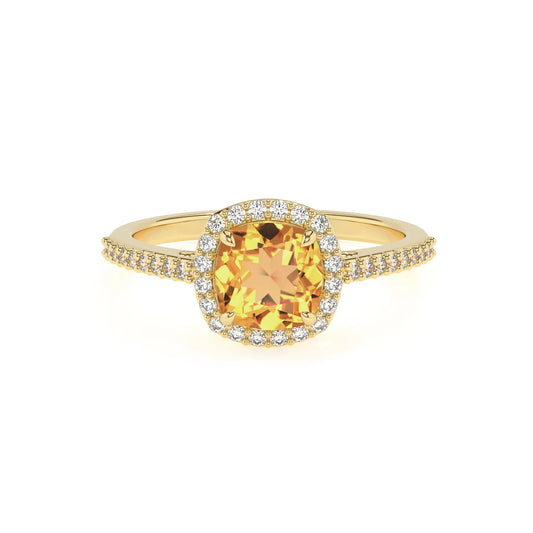 lab grown citrine cushion solitaire rings in yellow gold 