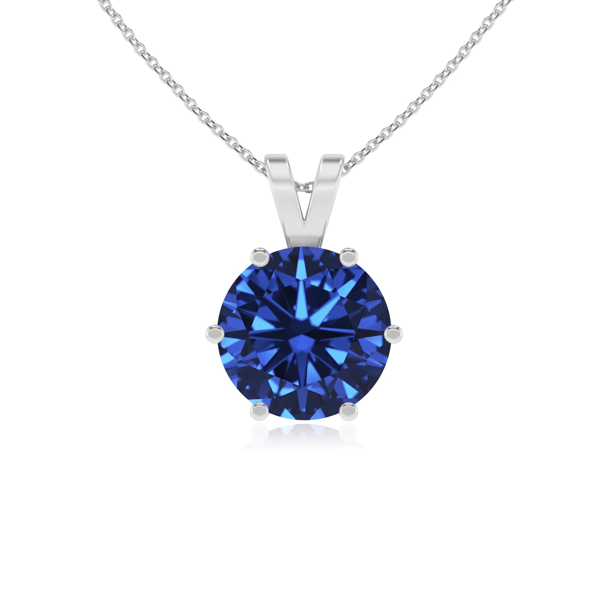 lab grown blue-sapphire round solitaire v-bale necklaces in sterling silver 