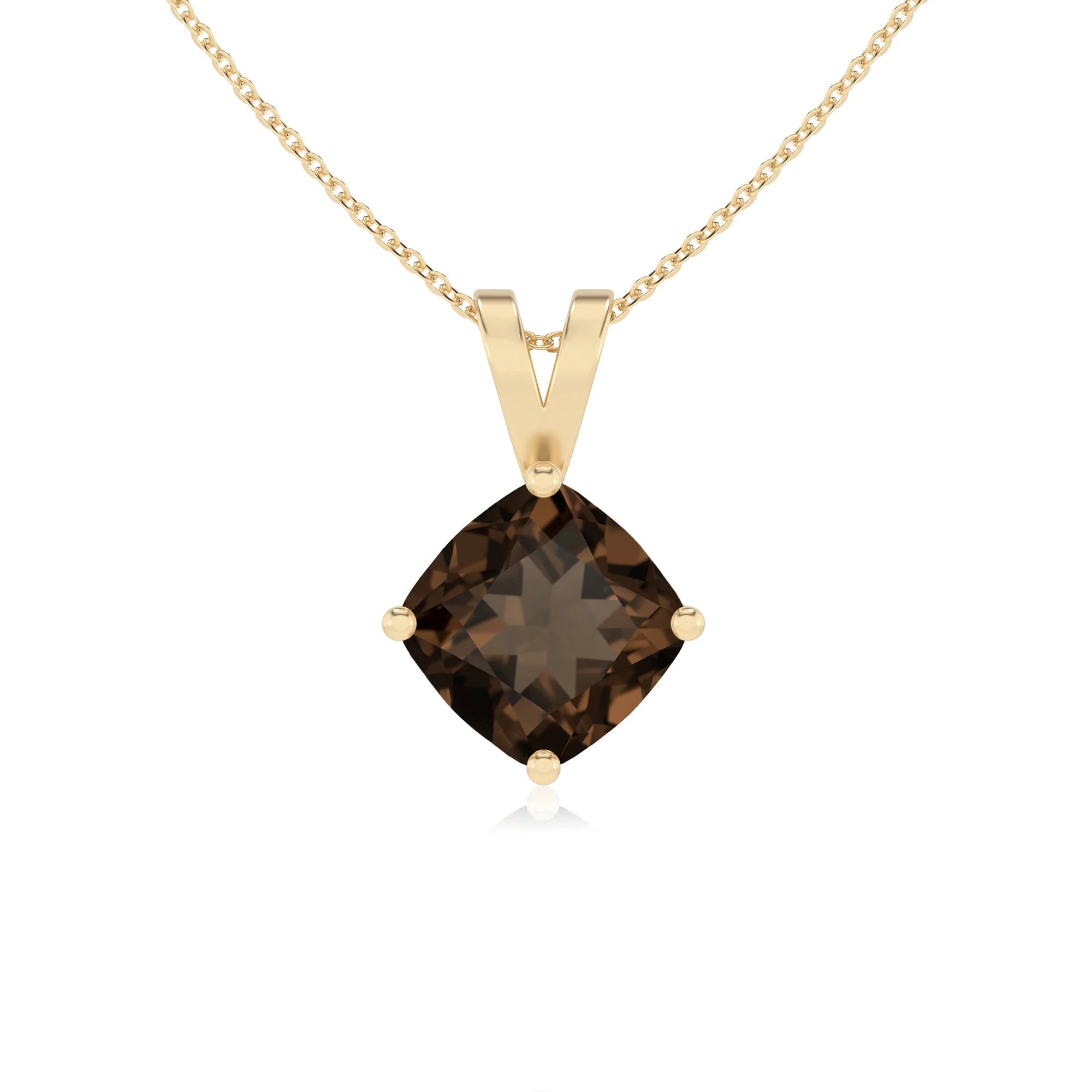 natural smoky-quartz cushion solitaire v-bale necklaces in yellow gold 