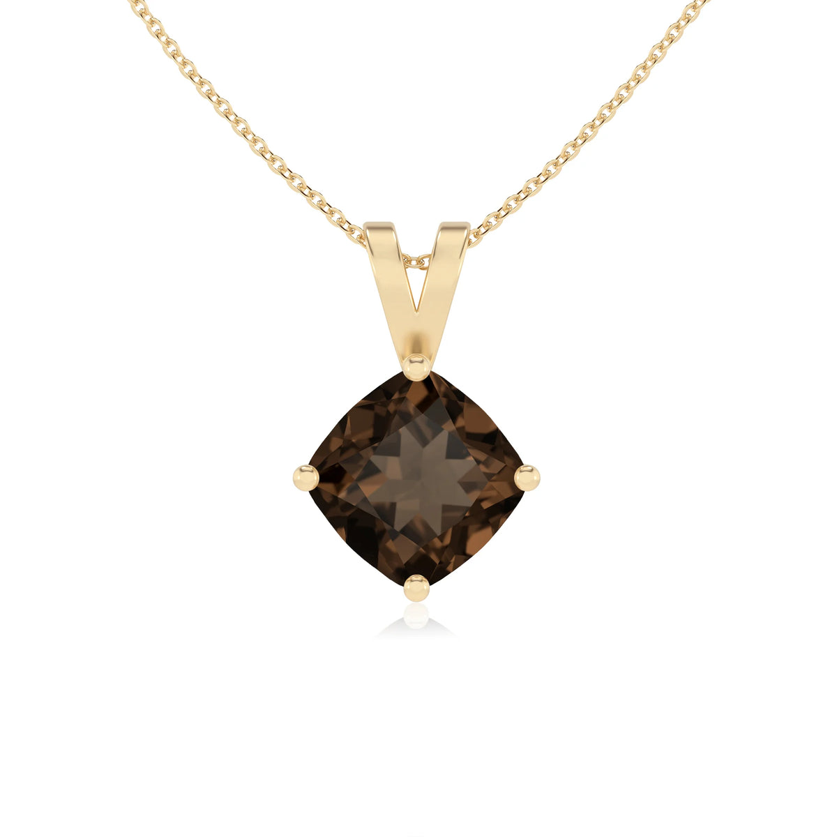 natural smoky-quartz cushion solitaire v-bale necklaces in yellow gold 