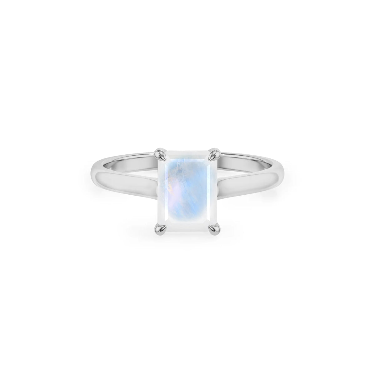 natural rainbow-moonstone emerald cut solitaire rings in platinum 