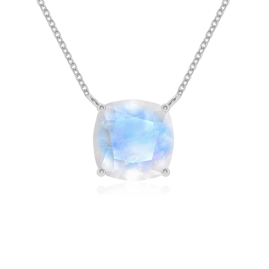 natural rainbow-moonstone cushion solitaire necklaces in platinum 