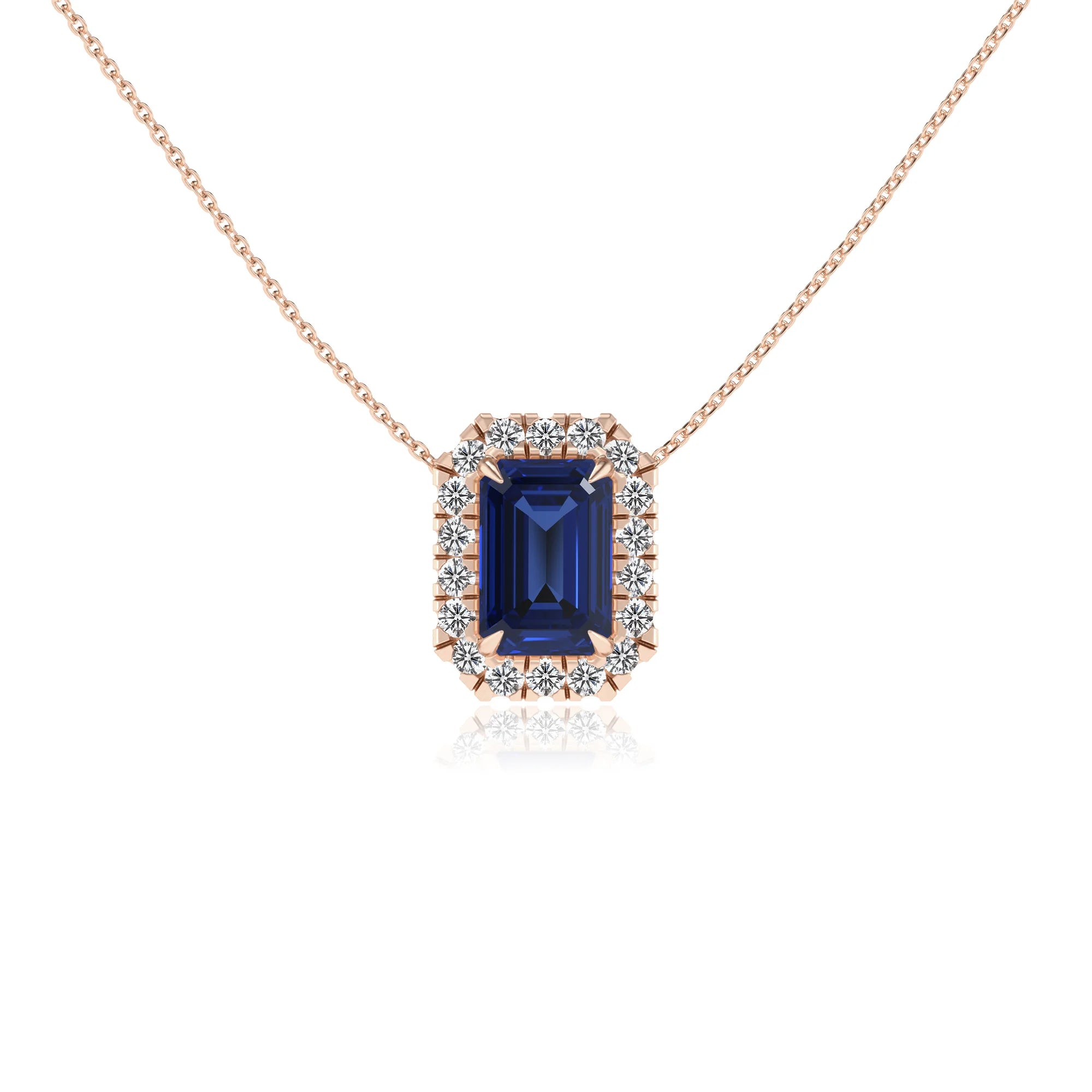 lab grown blue sapphire emerald cut solitaire necklaces in rose gold 