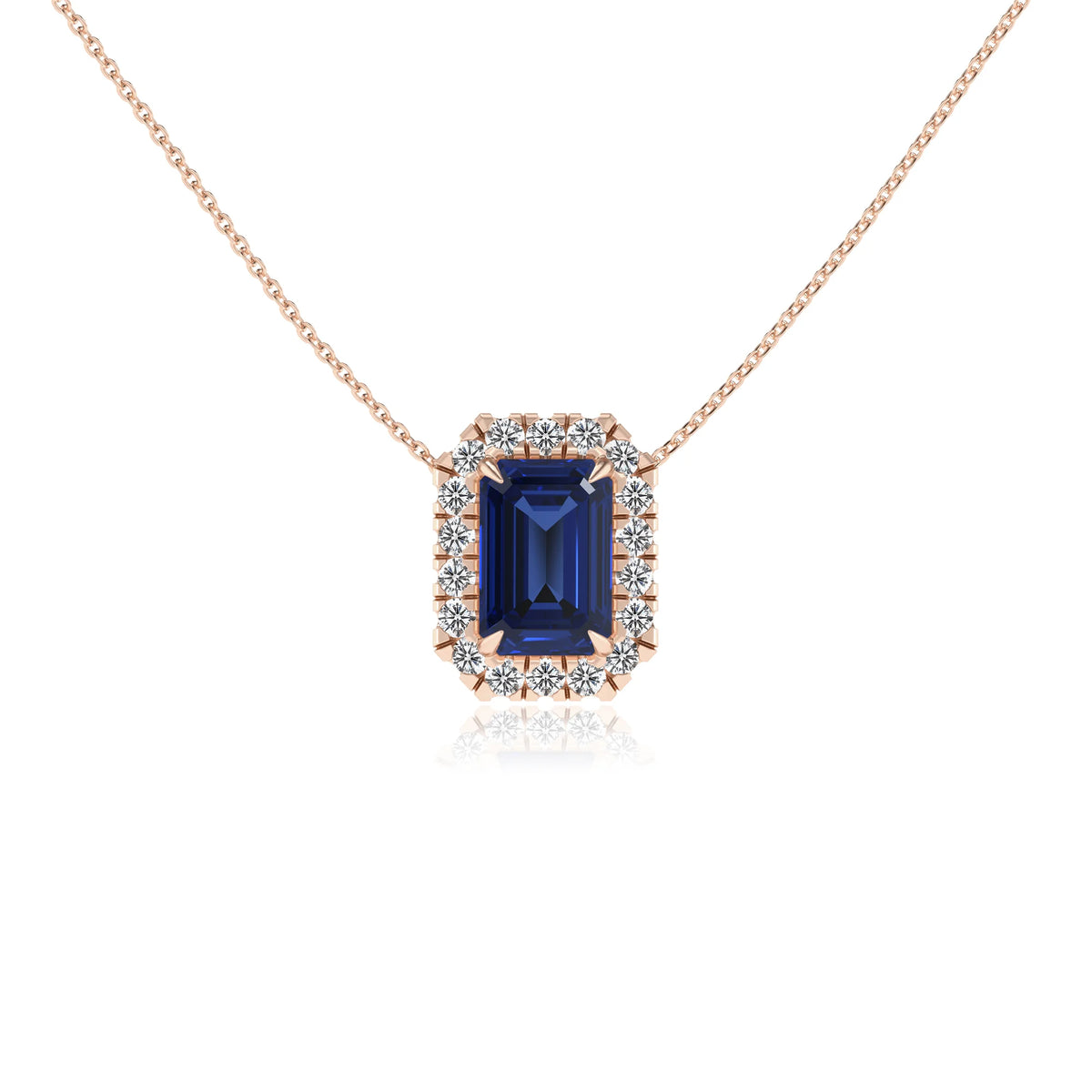 lab grown blue sapphire emerald cut solitaire necklaces in rose gold 