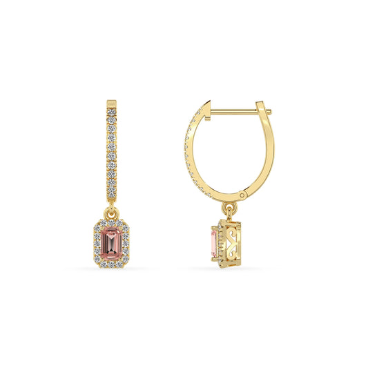 lab grown morganite emerald cut drop earrings in yellow gold 