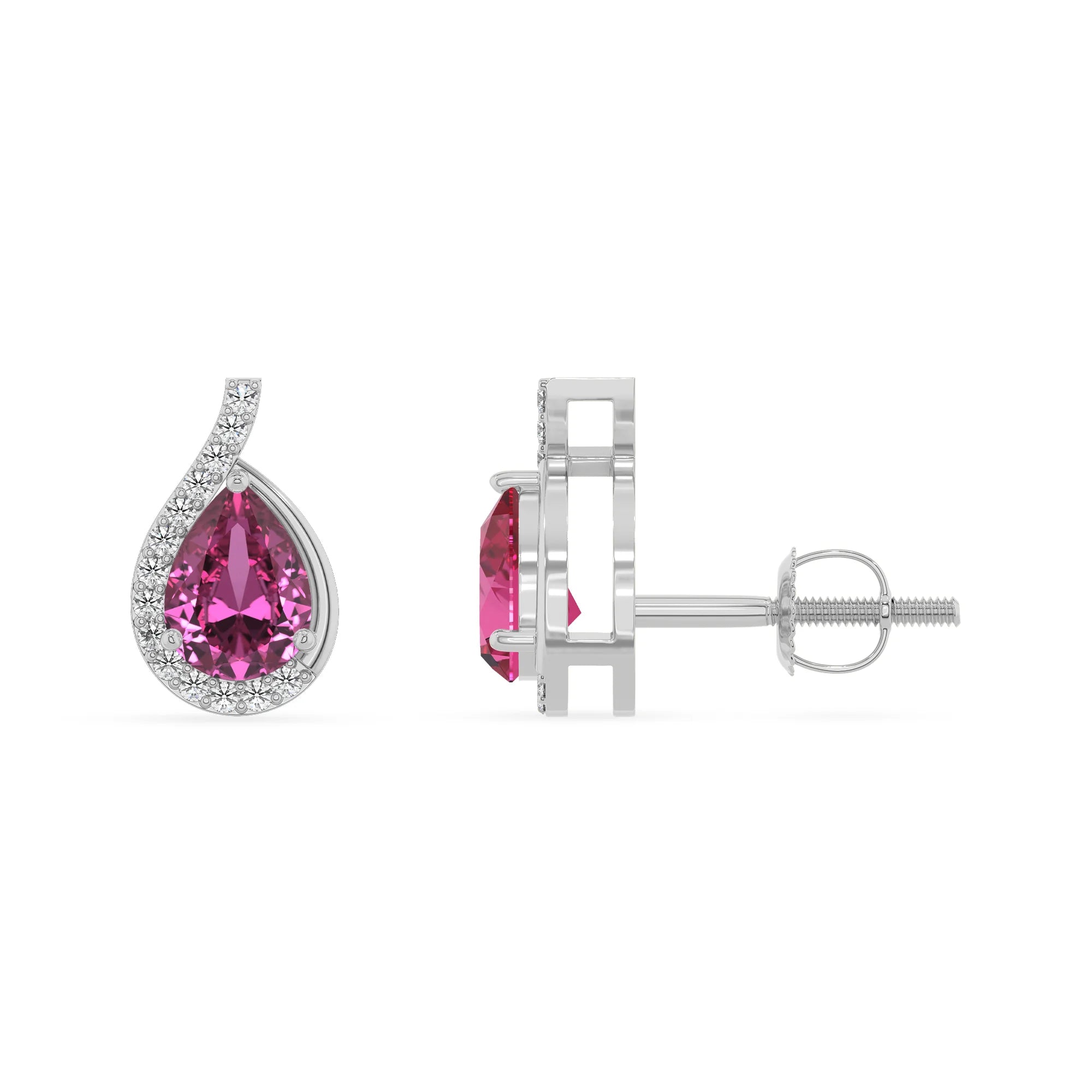 lab grown pink sapphire pear stud earrings in platinum 