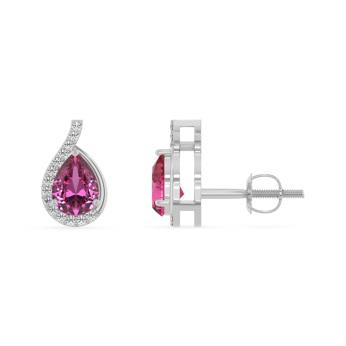 lab grown pink sapphire pear stud earrings in platinum 
