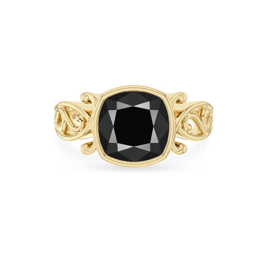 natural black-onyx cushion solitaire rings in yellow gold 