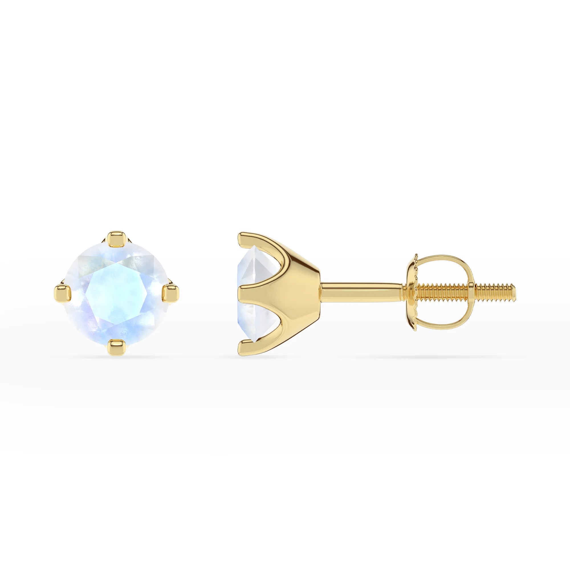 natural rainbow moonstone round stud earrings in yellow gold 