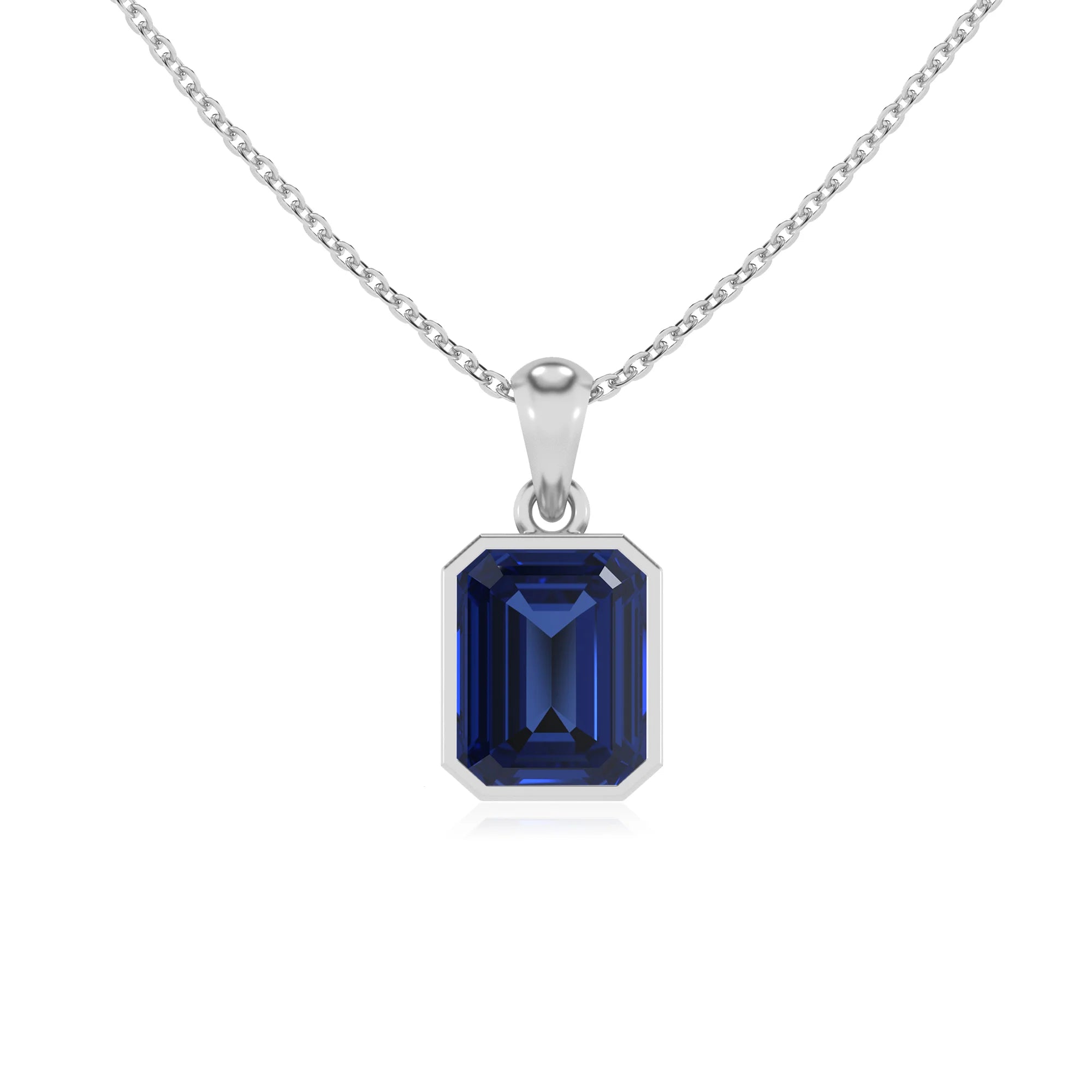 lab grown blue-sapphire emerald cut solitaire necklaces in white gold 