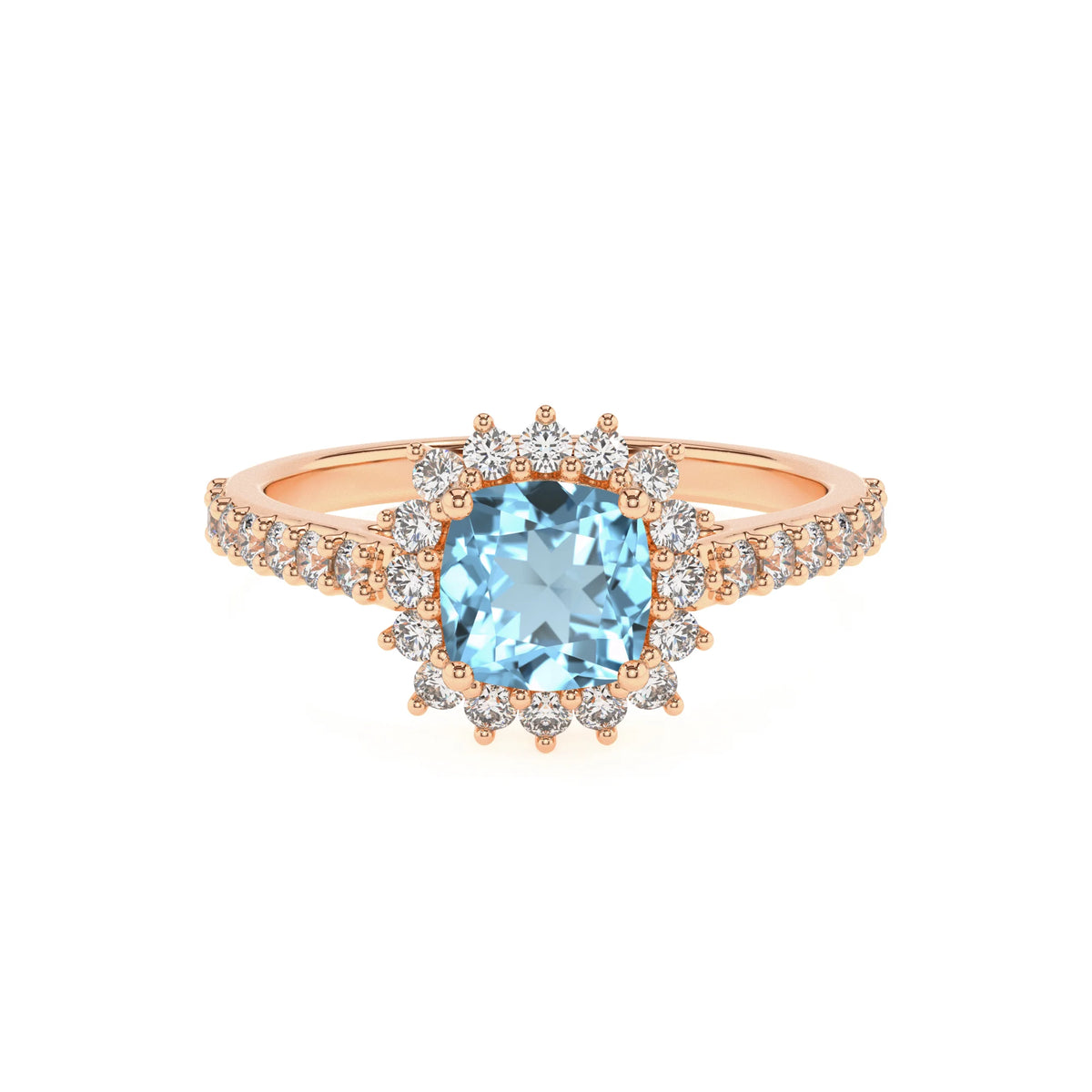 lab grown aquamarine cushion solitaire rings in rose gold 