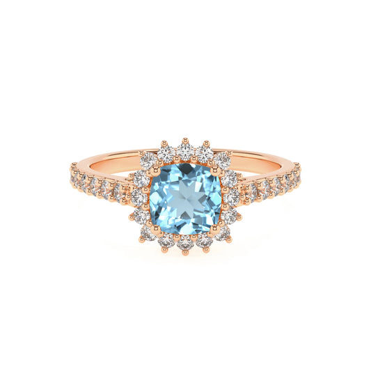 lab grown aquamarine cushion solitaire rings in rose gold 