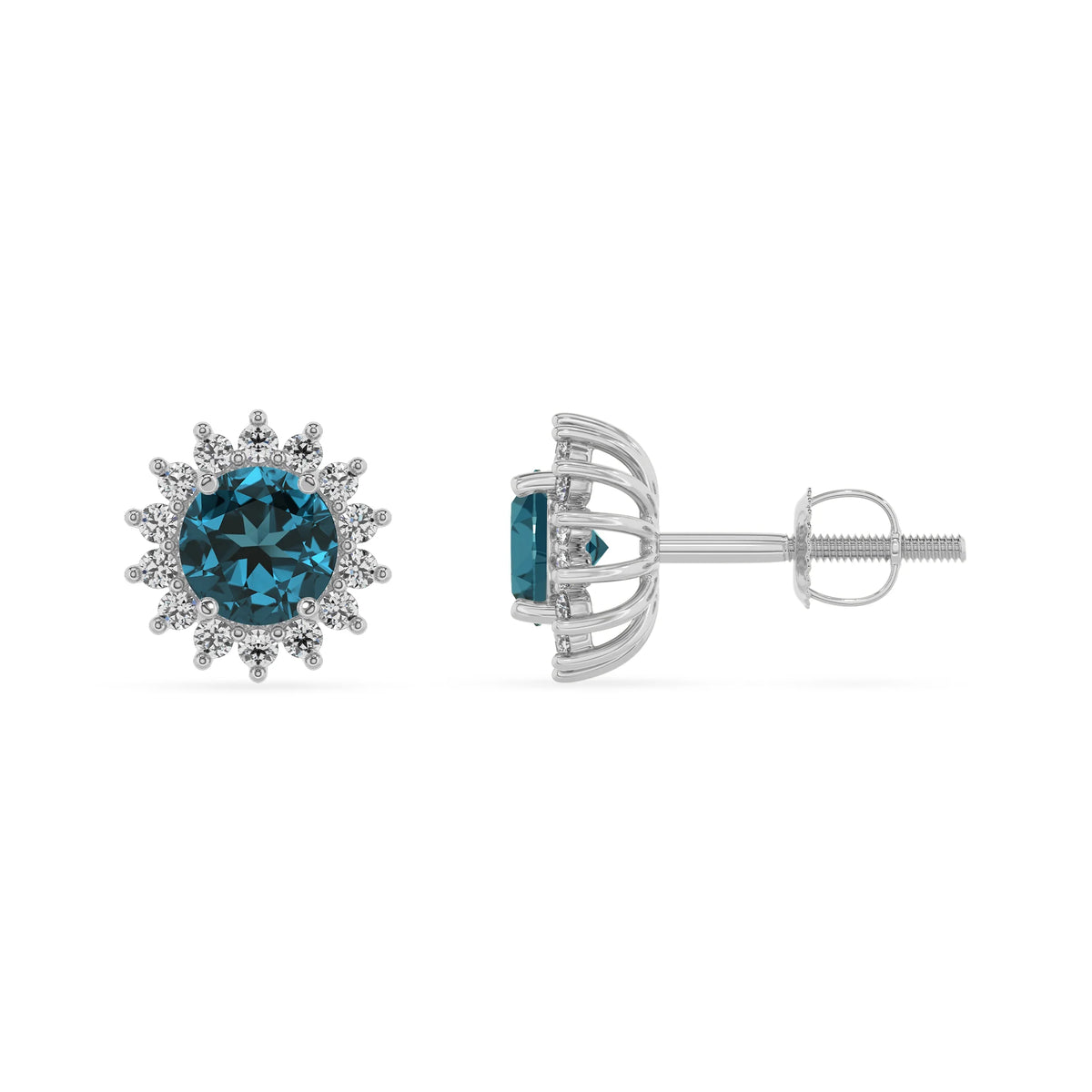 natural london blue topaz round stud earrings in white gold 