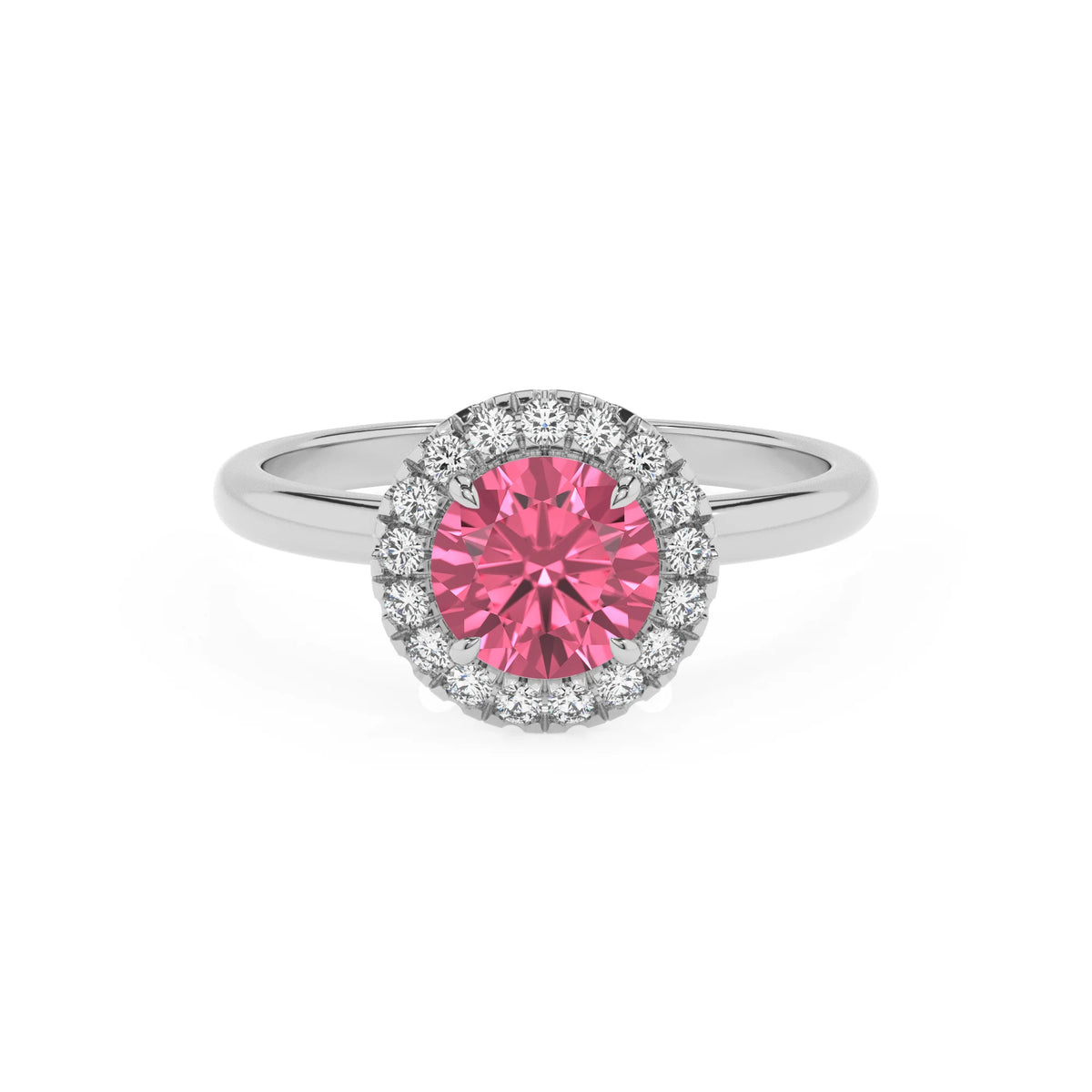 lab grown pink-tourmaline round solitaire rings in white gold 