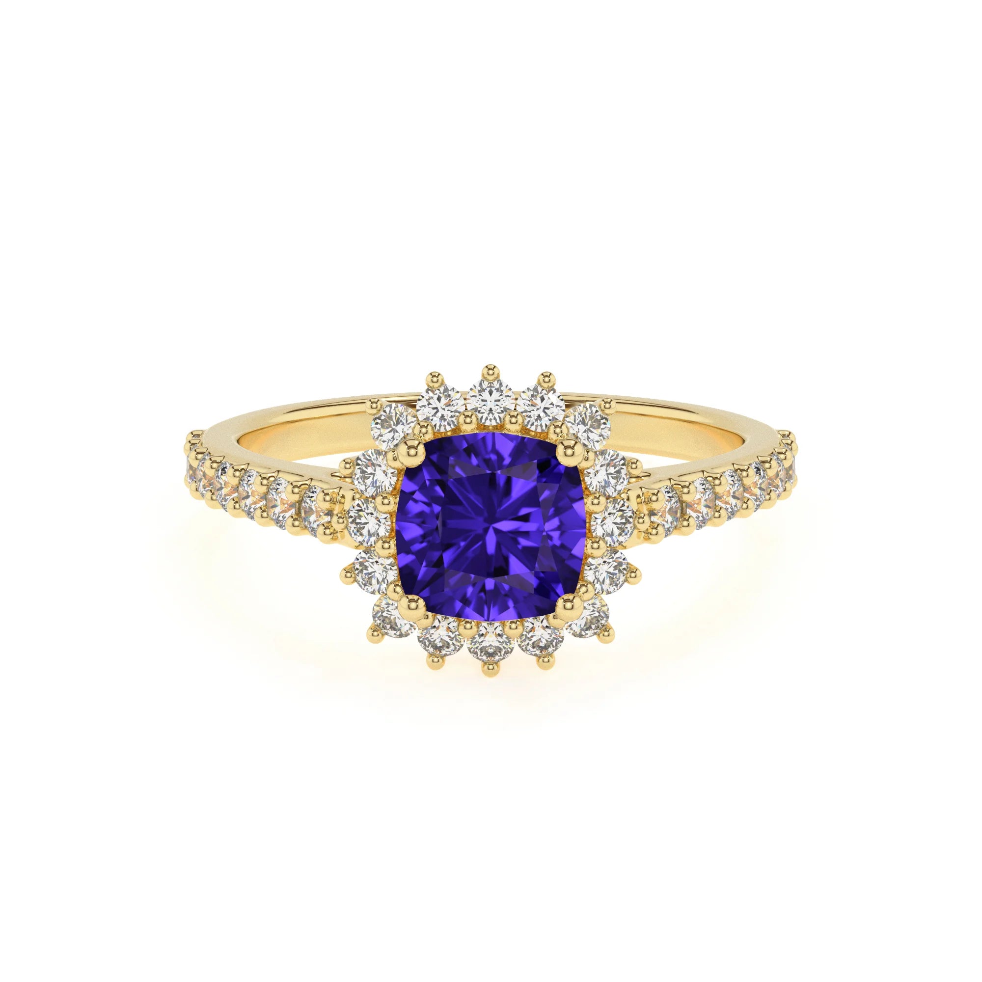 lab grown tanzanite cushion solitaire rings in yellow gold 
